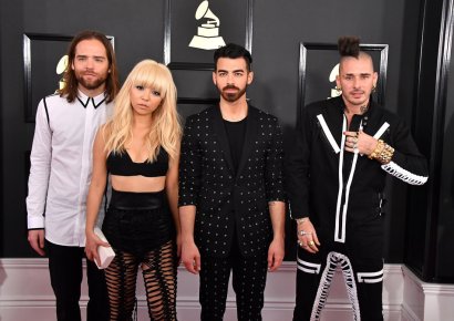 LOS ANGELES, CA - FEBRUARY 12: (L-R) Musicians Jack Lawless, JinJoo Lee, Joe Jonas and Cole Whittle of DNCE attend The 59th GRAMMY Awards at STAPLES Center on February 12, 2017 in Los Angeles, California. (Photo by Steve Granitz/WireImage)